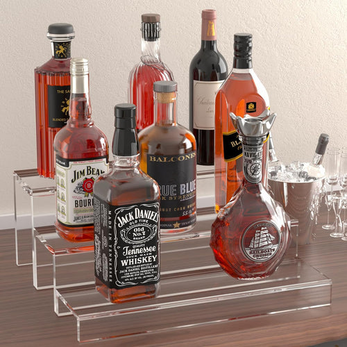 2 Pack Tiers Bar Shelves for Liquor Bottles, 15" Clear Acrylic Risers Display Racks Stands for Figures Pops Cupcake Perfume Collections (Clear)