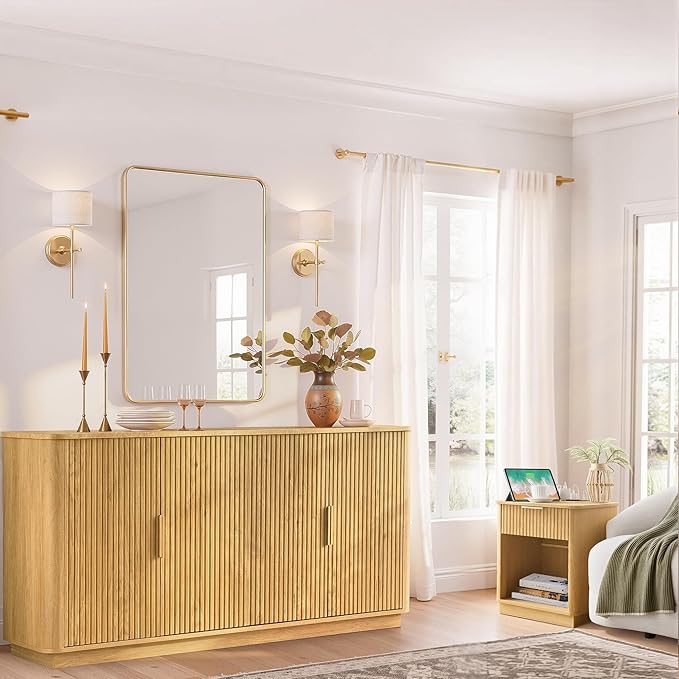 win2win 63" Fluted Sideboard Buffet Cabinet with Storage, Modern Credenza with Faux Marble Top, Curved Corners, Wood Boho Media TV Console Accent Cabinet for Living Room Kitchen Hallway, Oak
