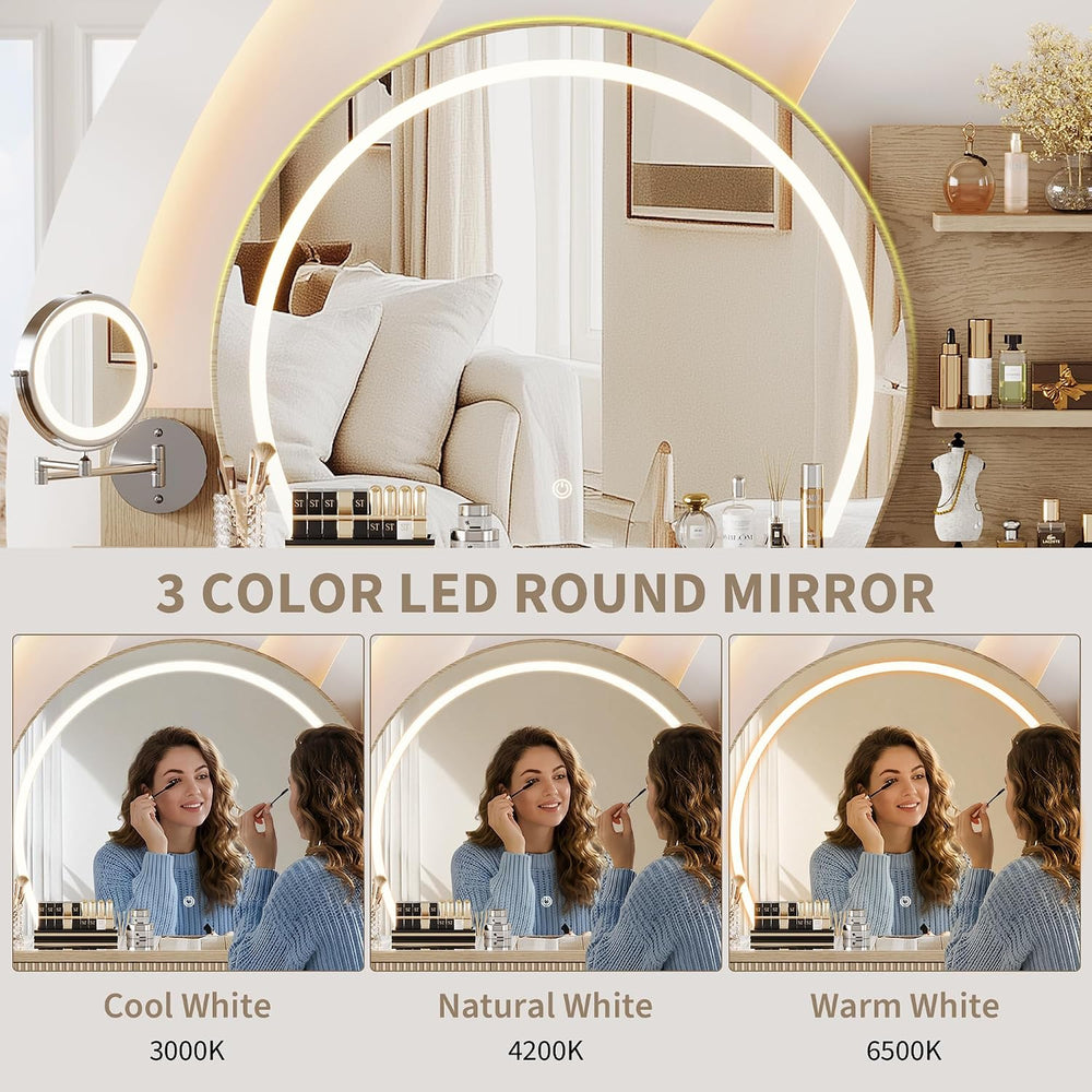iPormis Makeup Vanity Desk with Round Mirror and Lights, Glass Top Vanity Tab...