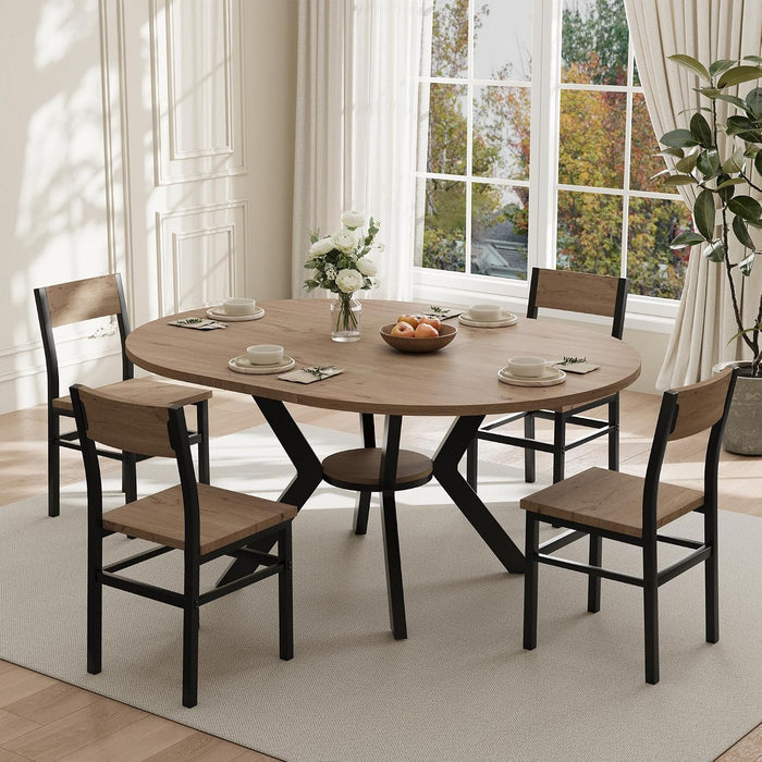 MECHYIN Round Dining Table Set for 4, 42"-58" Extendable Kitchen Table and Chairs Set of 4 with Storage Shelf, Farmhouse Dining Room Set with Reinforced Steel Chairs, Space Saving for Small Apartment