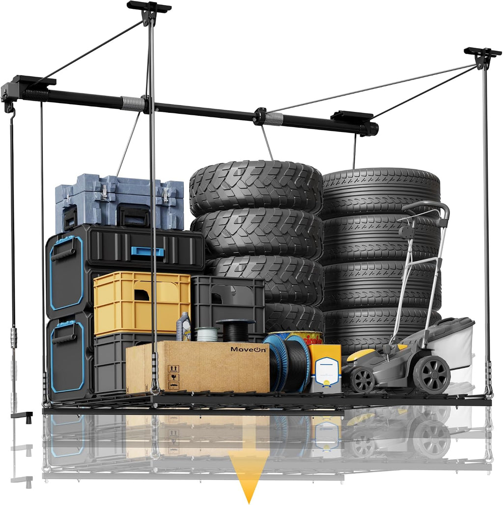 FLEXIMOUNTS Garage Ceiling Lifting Storage Rack, 4x4 Ft Heavy-Duty Metal Frame, Overhead Storage System With 350lbs Load Capacity, Matt Black
