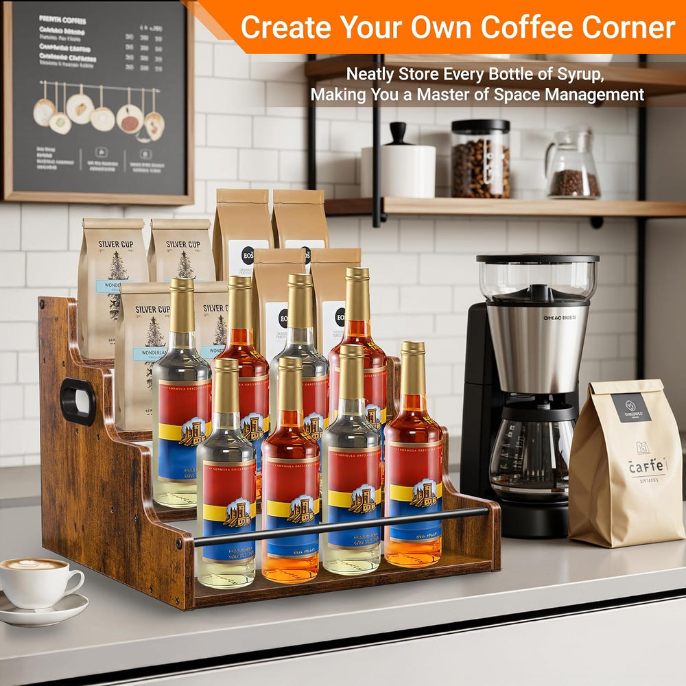 YQBRAO 4-Tier Liquor Bottle Display Shelf, 16-Inch, Rustic Brown | Holds up t...