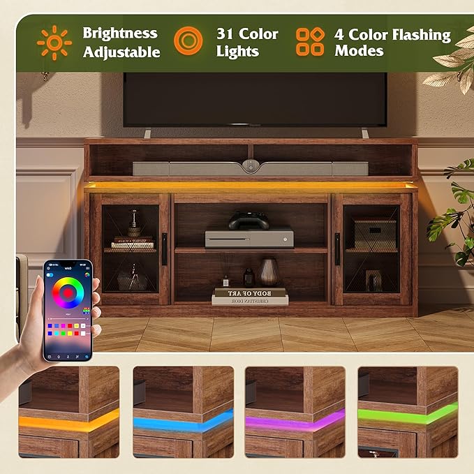 WLIVE Farmhouse TV Stand for TVs Up to 65 Inches, Tall Entertainment Center with Storage Cabinets & LED Lights, Media Console for Living Room, Bedroom, Home Theater, Rustic Brown