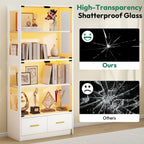 Lamtor 67-inch Glass Display Cabinet – Curio Cabinet with RGB LED Lights, 2 Drawers & Anti-Tip Design for Collectibles, Figures, Living Room | White