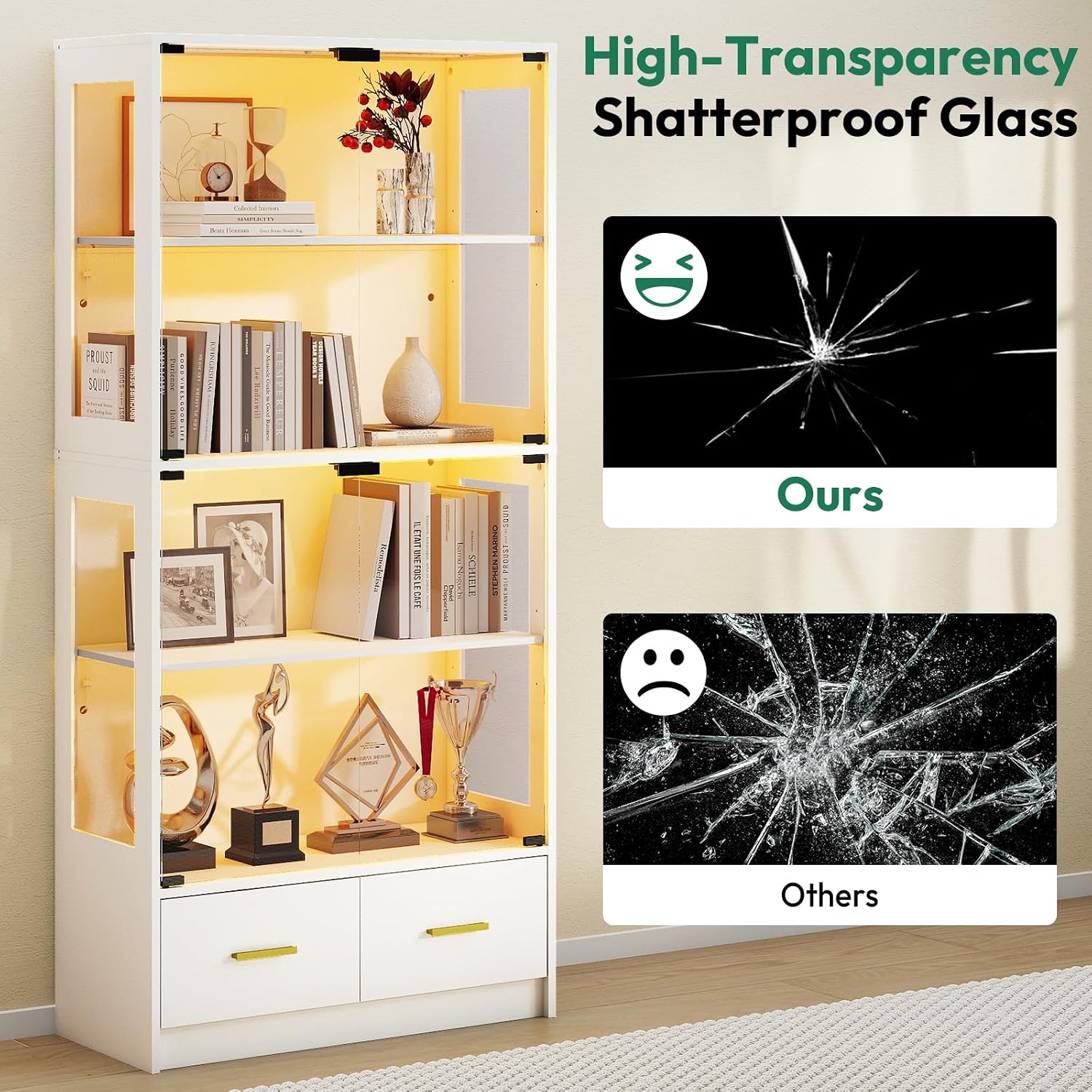 Lamtor 67-inch Glass Display Cabinet – Curio Cabinet with RGB LED Lights, 2 Drawers & Anti-Tip Design for Collectibles, Figures, Living Room | White