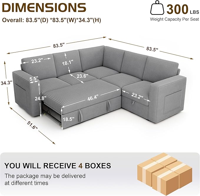 83.5" Sectional Sleeper Sofa with Pull Out Couch, Modern 5 Seat L Shaped Modular Couch, Sectionals Modular Sofa with Storage, Comfy Corduroy Couches Sectional for Living Room & Apartment, Gray