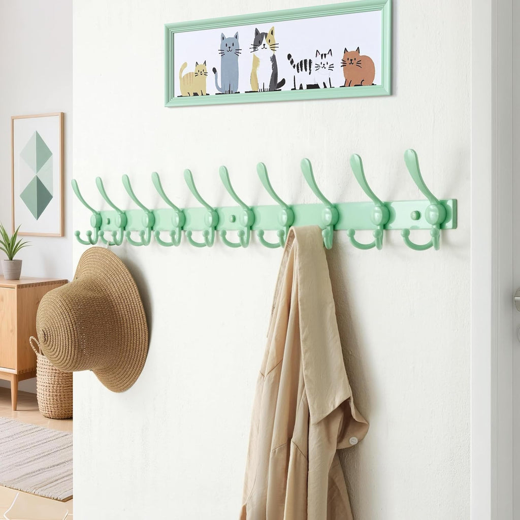 Dseap MaxStrong 2.0 Coat Rack Wall - 37” Long 10 Tri Hooks - Ultra Heavy-Duty Stainless Steel Wall Mount Coat Hanger, Hook Rail for Clothes Hats Jacket Towels Green, Pack of 2