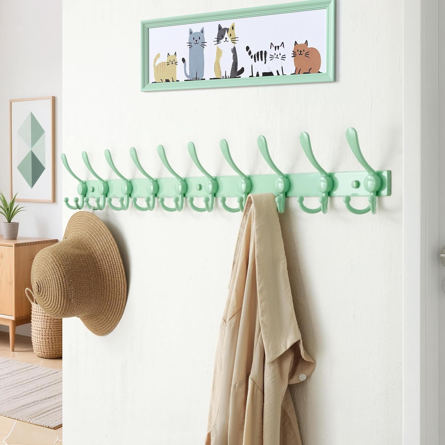 Dseap MaxStrong 2.0 Coat Rack Wall - 37” Long 10 Tri Hooks - Ultra Heavy-Duty Stainless Steel Wall Mount Coat Hanger, Hook Rail for Clothes Hats Jacket Towels Green, Pack of 2