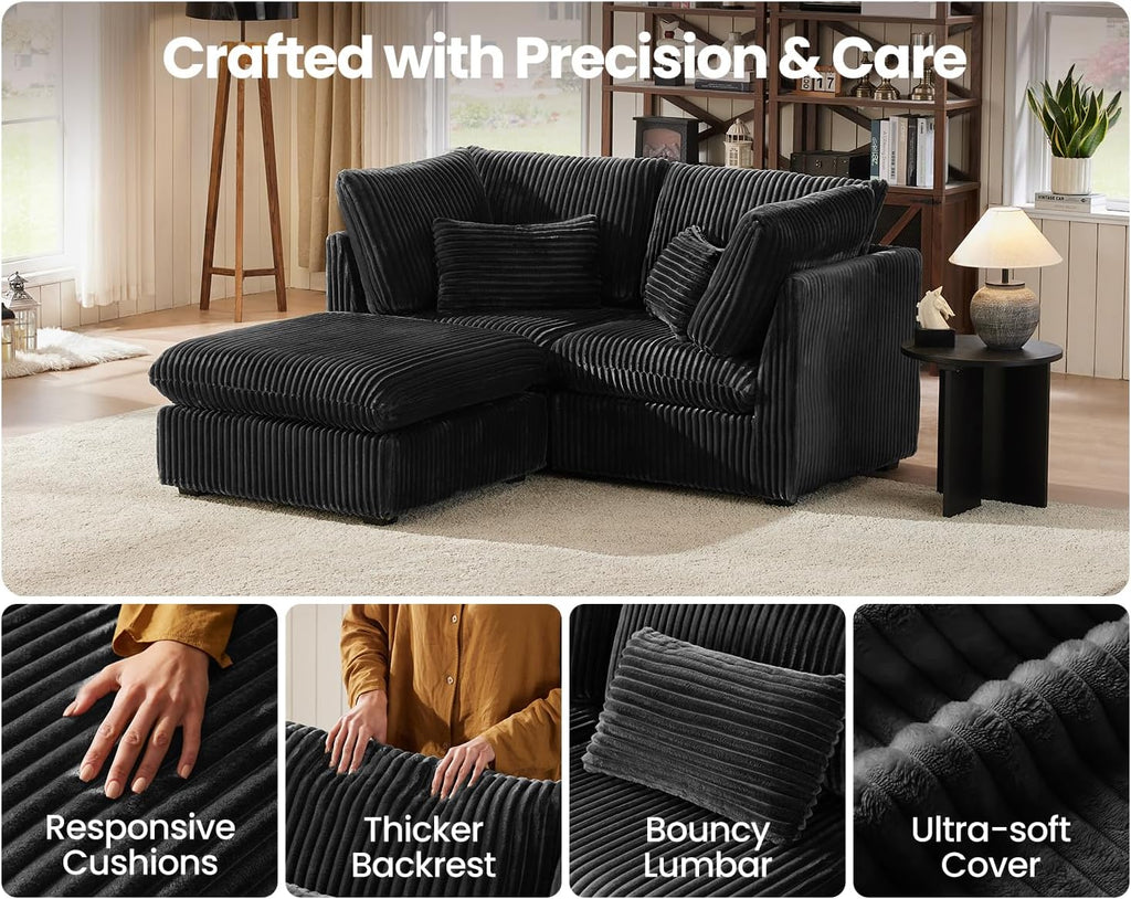 84" Oversized Corduroy Modular Sectional Sofa, Extra Deep 3-Seater Sofa Fluffy Cloud Couch with Ottoman, Sectional Sleeper Sofa for Living Room, L-Shaped, Plush Corduroy, Black