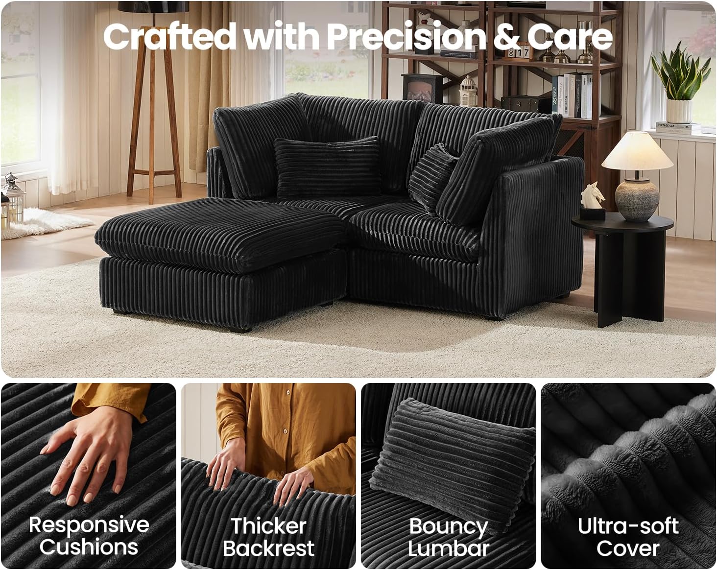 84" Oversized Corduroy Modular Sectional Sofa, Extra Deep 3-Seater Sofa Fluffy Cloud Couch with Ottoman, Sectional Sleeper Sofa for Living Room, L-Shaped, Plush Corduroy, Black