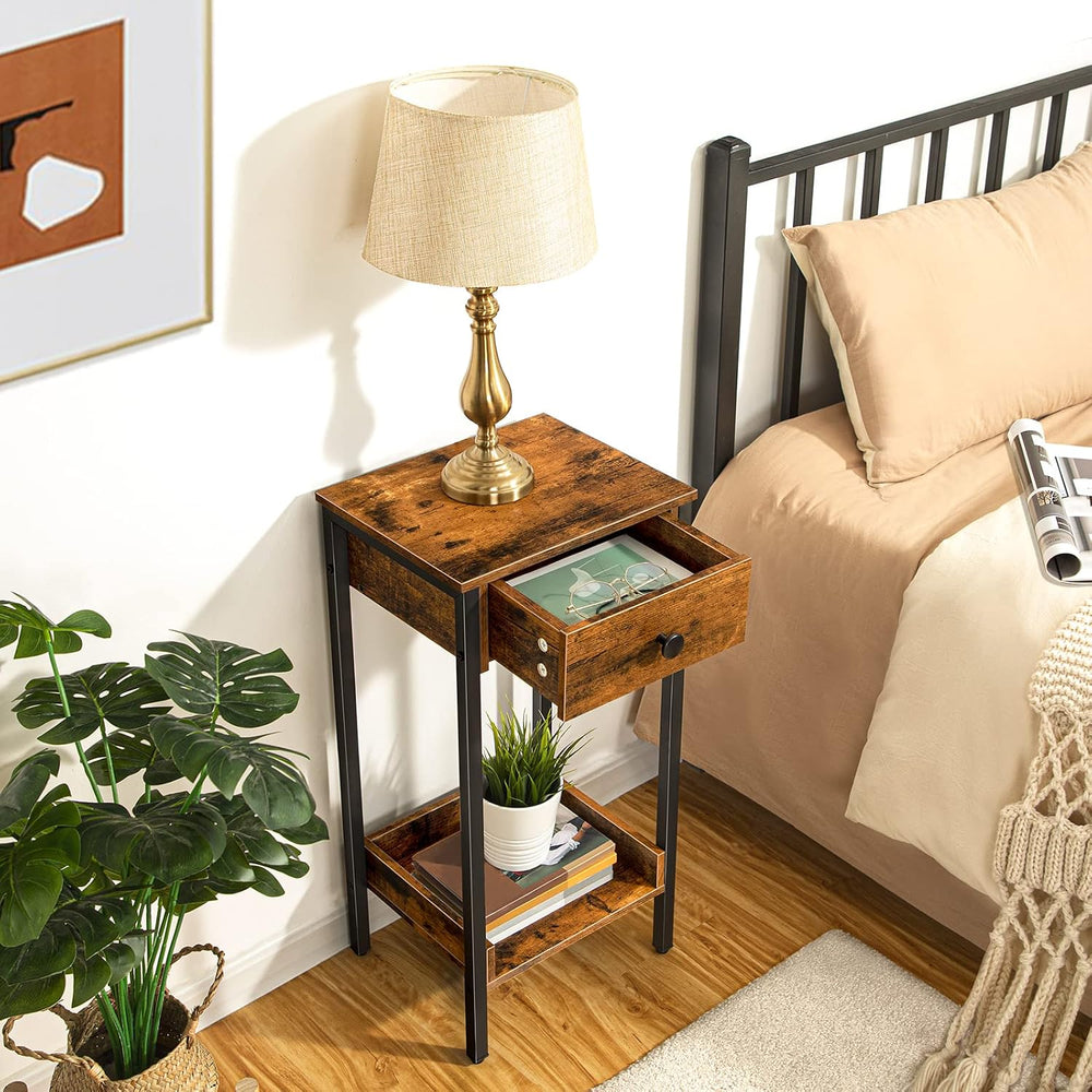HOOBRO Tall End Table, Nightstand, Industrial Side Table with Drawer and Stor...