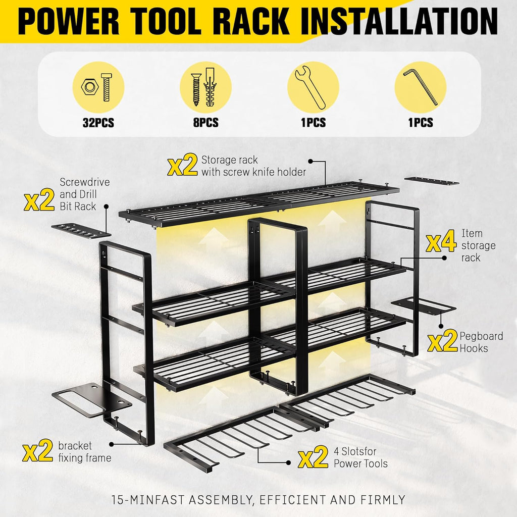 Power Tool Organizer Wall Mount - Storage Rack with 4 Drill Holders for Drills Cordless Tools. Heavy Duty Iron Garage Tool Organizer Storage for Workshop Shed (4 Slots 4 Layers 2 Pack)