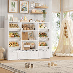 HITHOS 55" W Kids Toy Storage Organizer, Large Toy Box with Bookshelf, Toy Chest with 3 Cubes Storage Organizer, 6 Toy Organizers and Storage Bins, 4 Rolling Drawers for Kids Room, Playroom, White