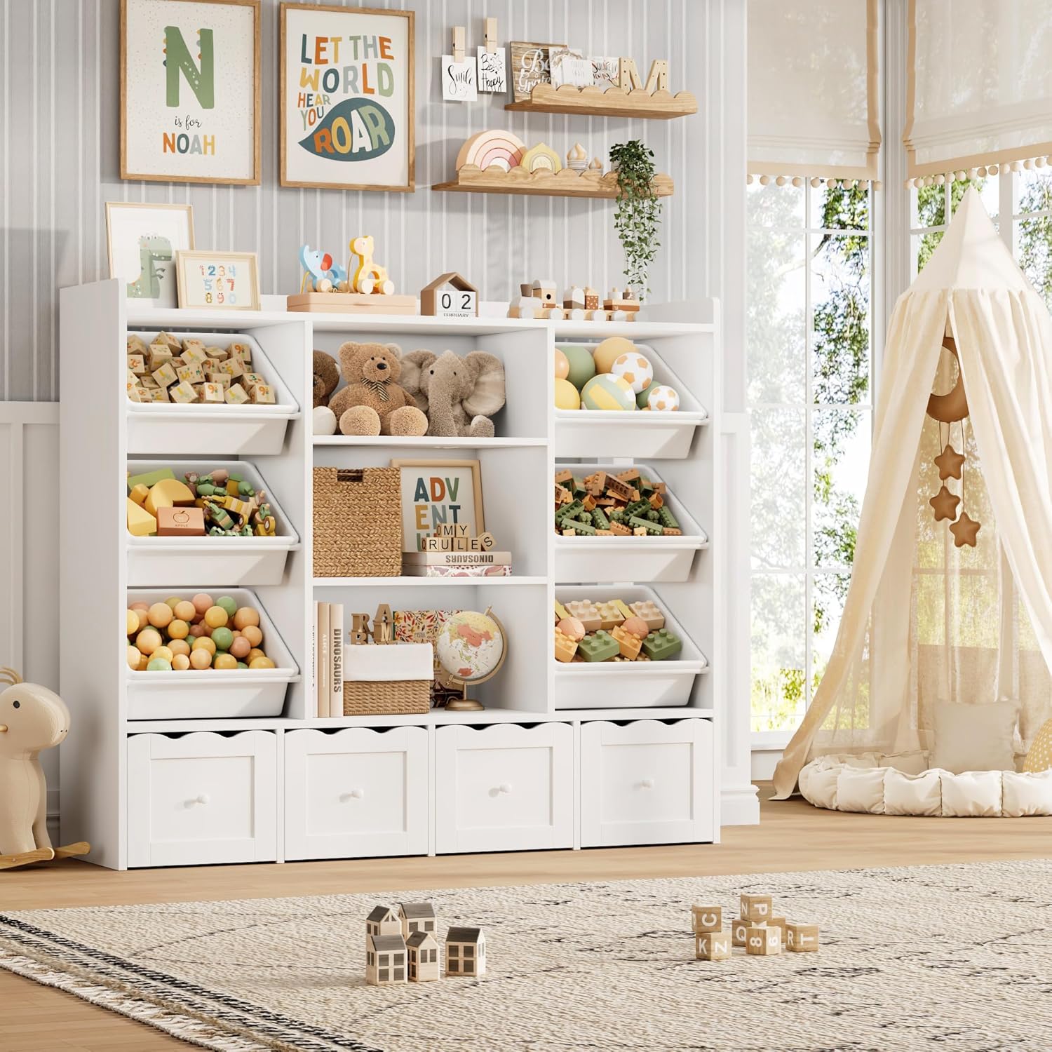 HITHOS 55" W Kids Toy Storage Organizer, Large Toy Box with Bookshelf, Toy Chest with 3 Cubes Storage Organizer, 6 Toy Organizers and Storage Bins, 4 Rolling Drawers for Kids Room, Playroom, White