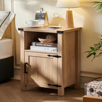 Joaxswe 18-Inch Nightstand with Charging Station and Fluted Door,Natural | 18-inch bedside table with AC and USB charging, open storage and a magnetic fluted door for bedroom essentials