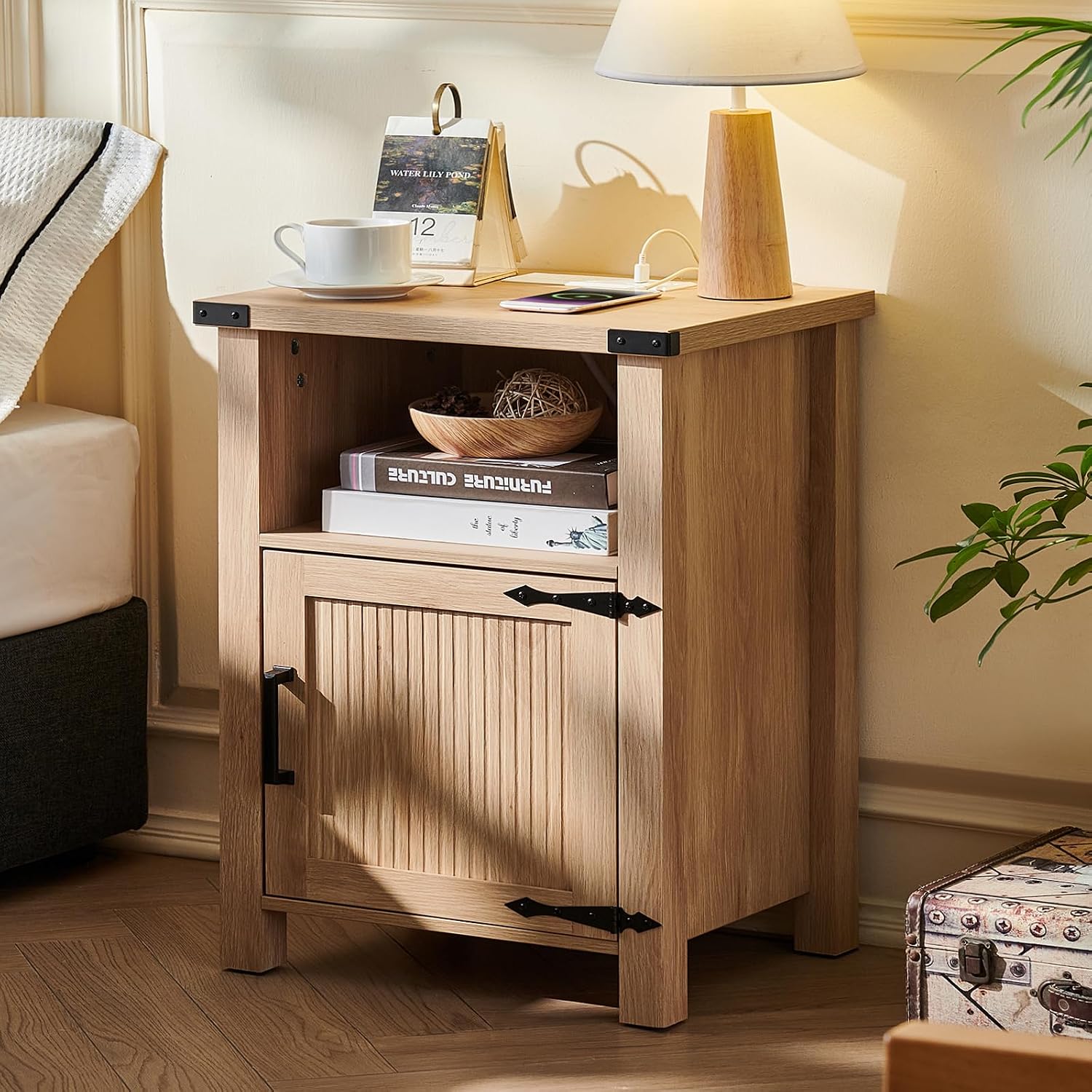Joaxswe 18-Inch Nightstand with Charging Station and Fluted Door,Natural | 18-inch bedside table with AC and USB charging, open storage and a magnetic fluted door for bedroom essentials
