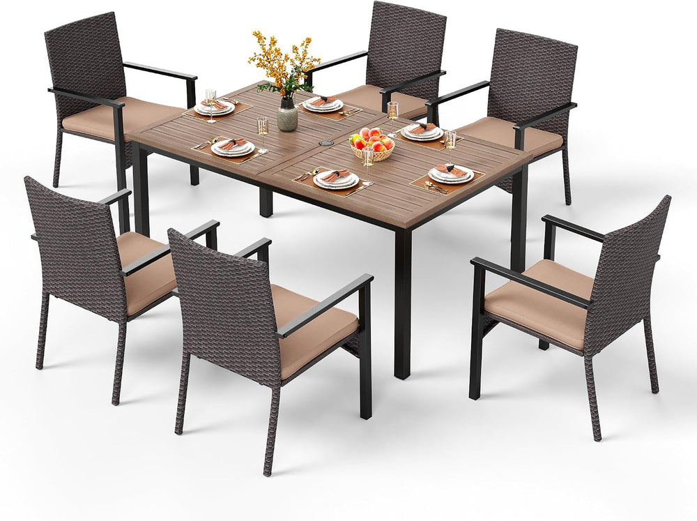 PHI VILLA 7 Piece Patio Dining Set, 64” Wood-Like Table, Rattan Chairs