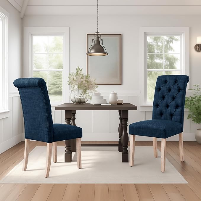 CHUN YI Dining Chairs Set of 8, Button Tufted Upholstered Fabric Dining Room Chairs with Solid Wood Legs and Curved Back, Parsons Side Chairs for Kitchen, Navy