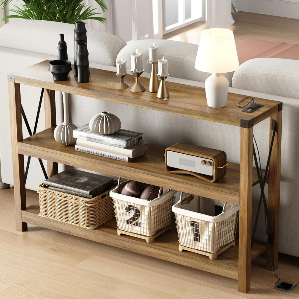 Entryway Table with Outlets and USB Ports, Console Table with 3-Tier Open Sto...