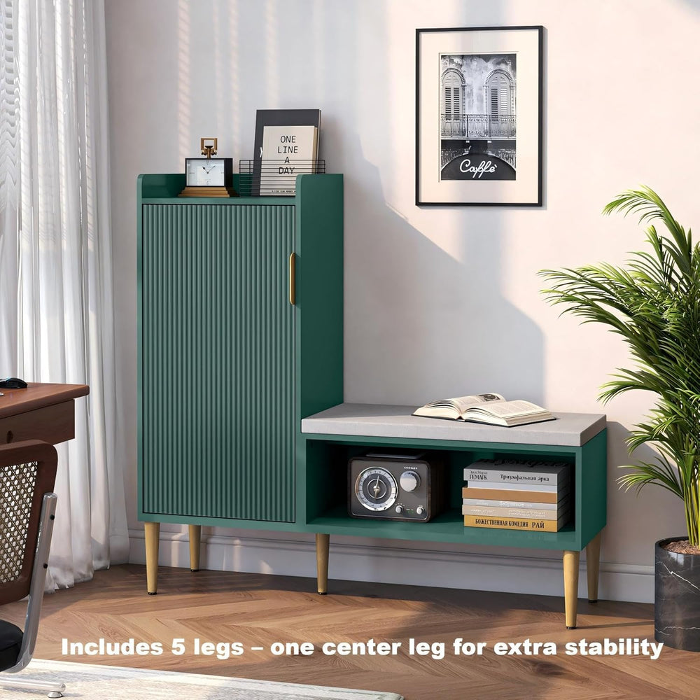 Storage Bench with Fluted Door&Shelf, Modern Entryway Bench with Padded S...