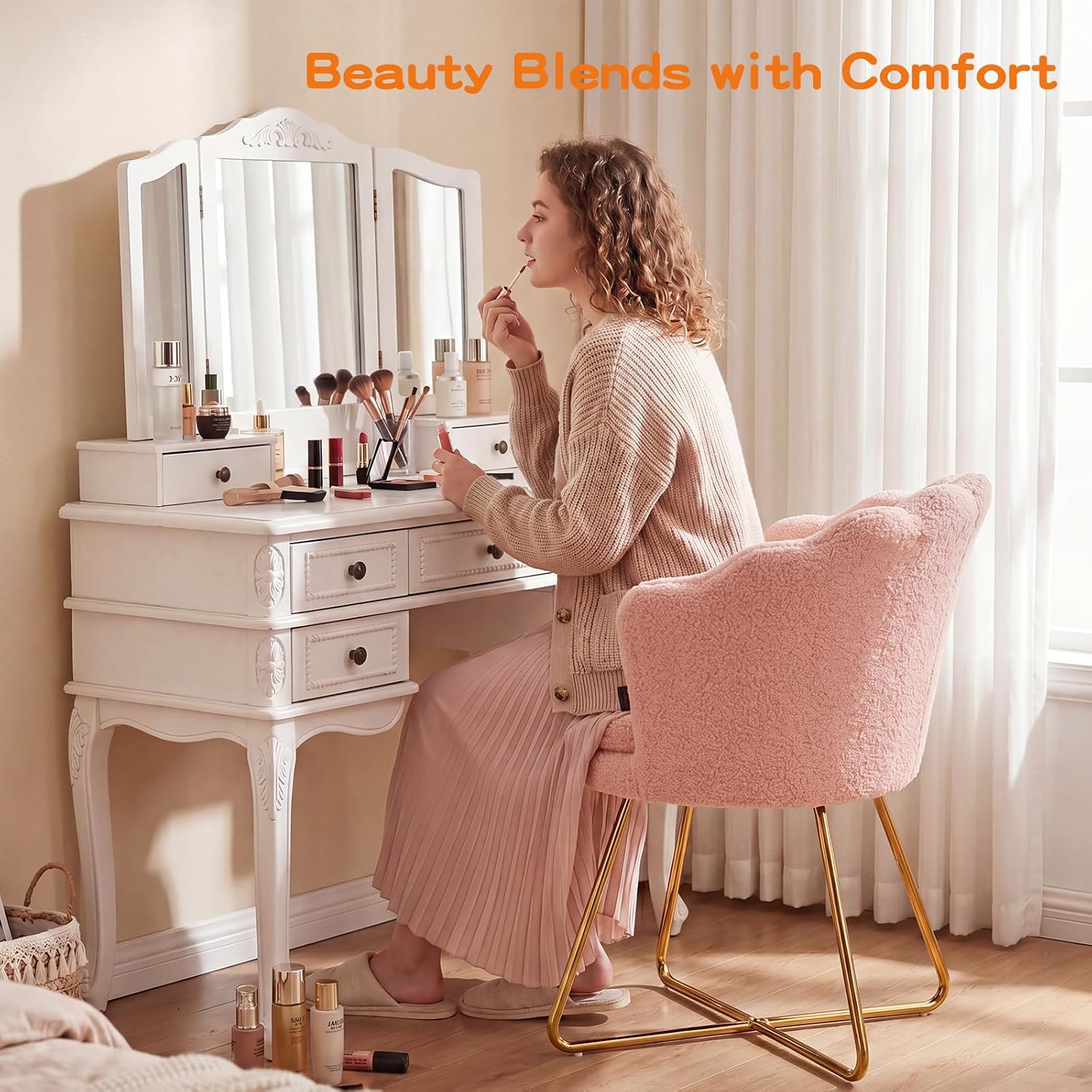 Furniliving Vanity Chair with Back, Upholstered Accent Chair for Living Room, Makeup Chair for Bedroom Sherpa ArmChairs Home Office Desk Chair with Gold Metal Legs (Pink)