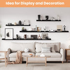 upsimples Floating Shelves for Wall, 47.3 Inch Shelves for Decor Storage Set of 6, Wall Mounted Wood Shelf for Bedroom, Living Room, Bathroom, Kitchen, Long Picture Ledge Shelves, Black
