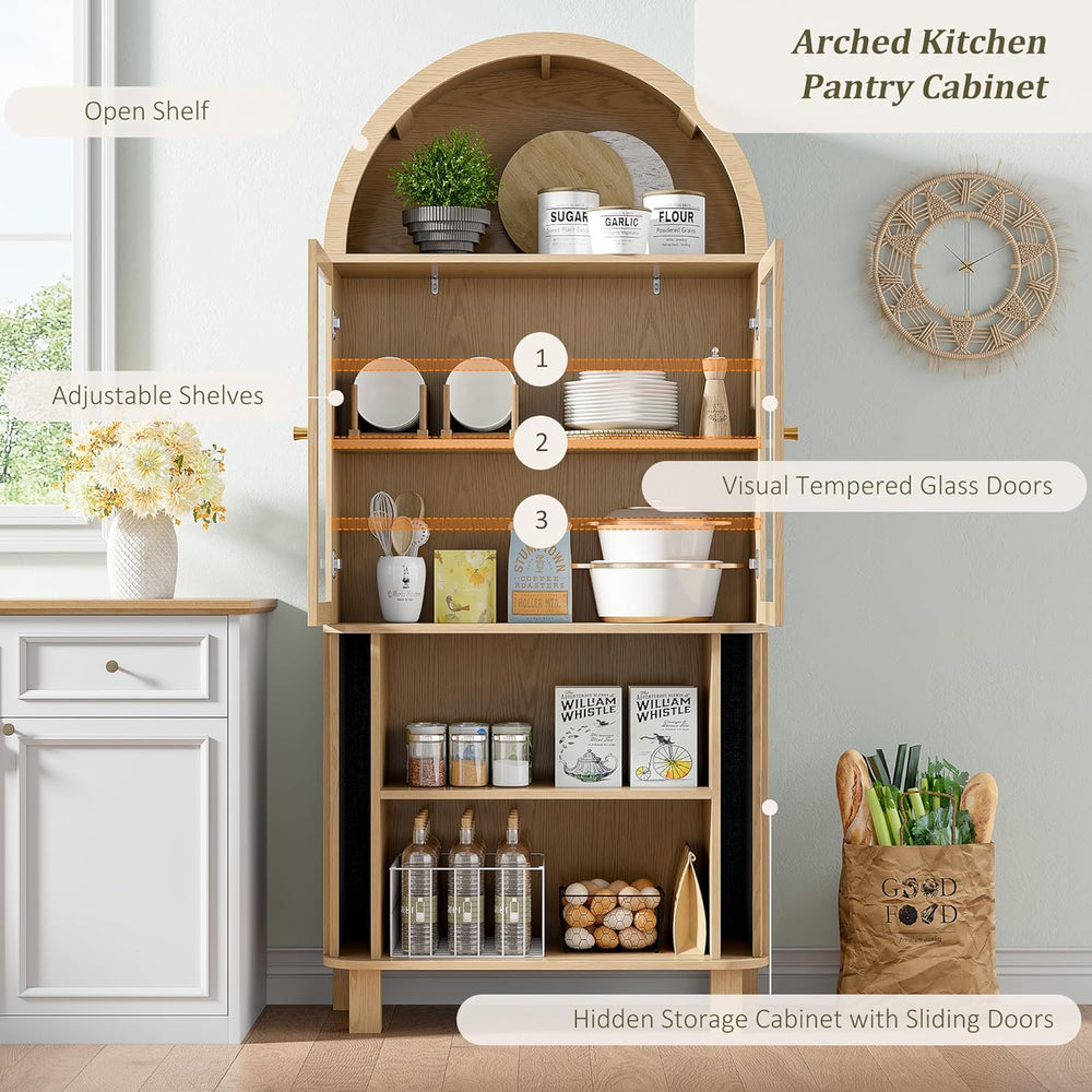 69" Tall Kitchen Pantry Storage Cabinet with Sliding Door, Modern Curved...