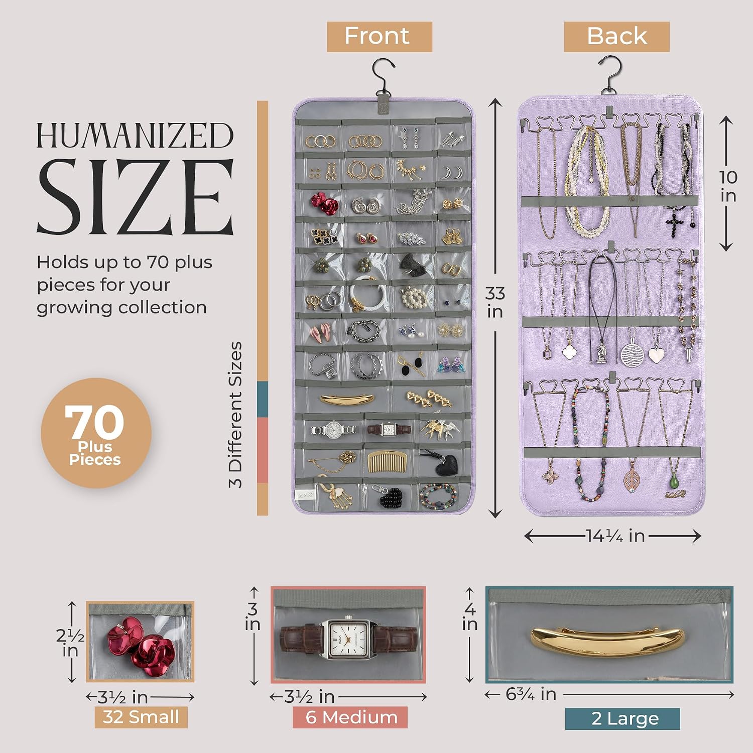 Hanging Jewelry Organizer Storage with Hanger Metal Hooks Double-Sided Jewelry Holder- Wall Mount Holder for Earrings, Necklaces, Rings on Closet, Wall, Door, 1 piece, Large, Pink