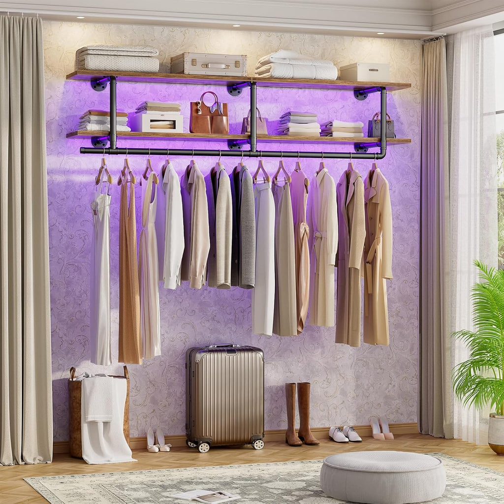 Aheaplus Industrial Pipe Clothes Rack with Top Shelf, 47In Space-Saving Wall Mounted Clothing Rack, 2 Tiers Heavy Duty Pipe Clothing Shelves with Hanging Rod for Laundry Room, Closet, Rustic Brown