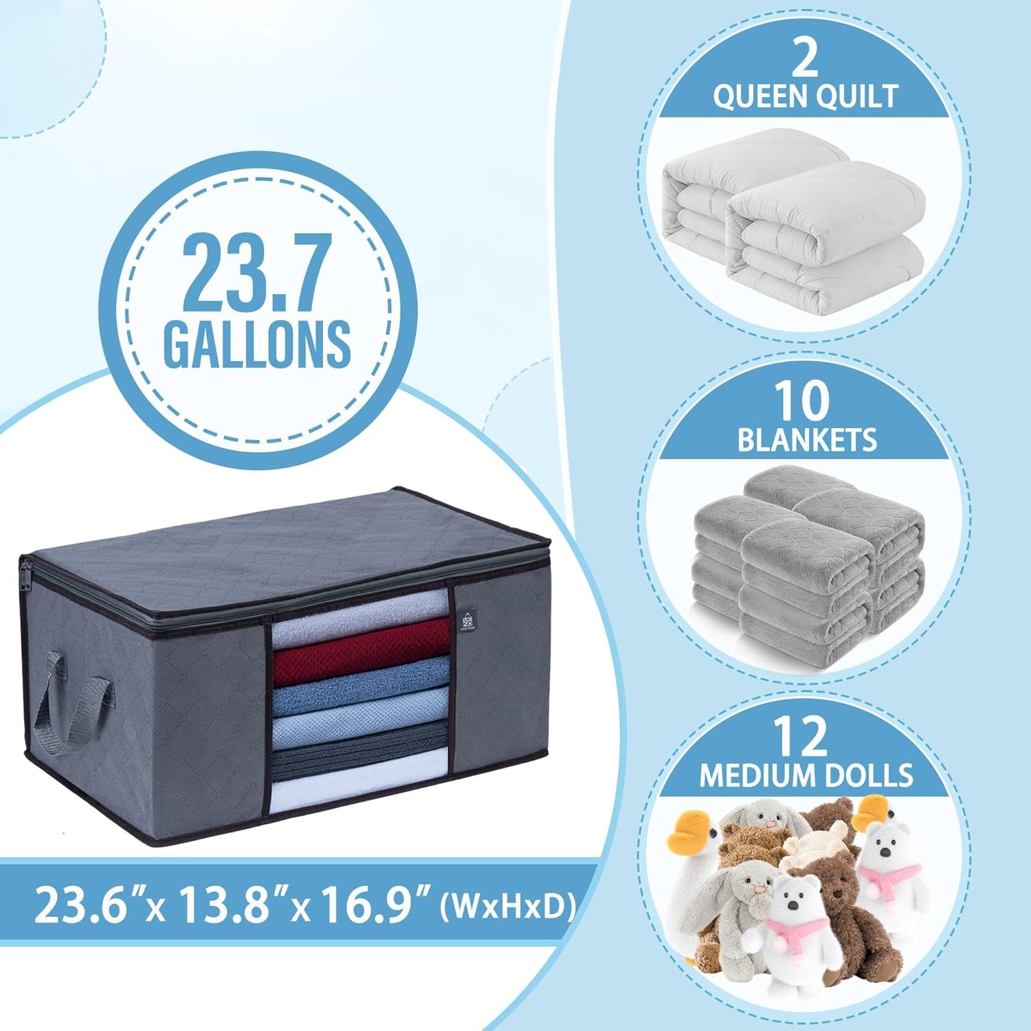 VENO 3 Pack Extra Large Clothes Storage Bag Organizer with Reinforced Handle Thick Fabric for Comforters, Blankets, Bedding, Foldable with Sturdy Zipper, Clear Window, Grey, Reusable (24 Gallon)