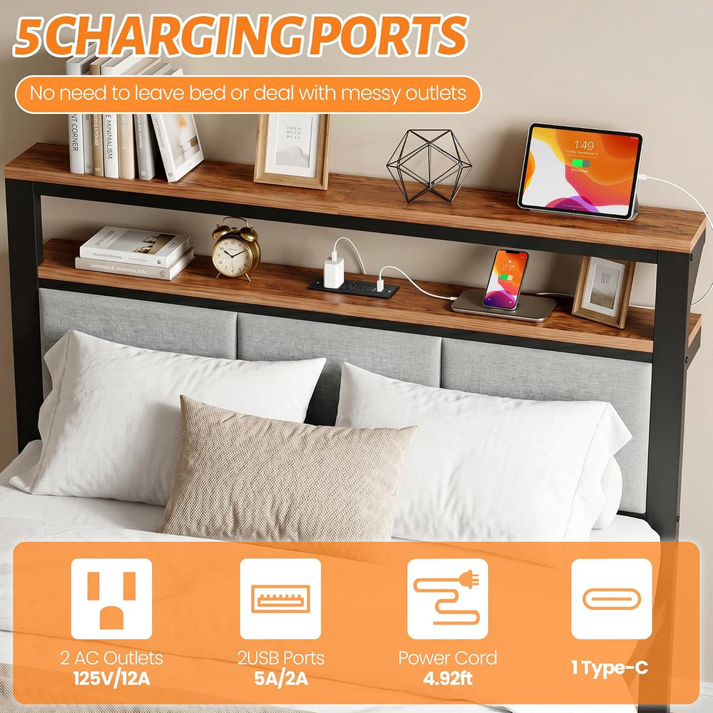 Queen Bed Frame with 2 Storage Drawers & Charging Station, Headboard, Grey