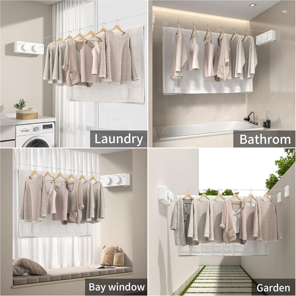 JOOM Retractable Clothesline Indoor Outdoor Clothes Line - Heavy Duty Clothes Drying Laundry Line - Wall Mounted Drying Rack - Air Dry Clothing Lock to Prevent Sagging (Two line,White)