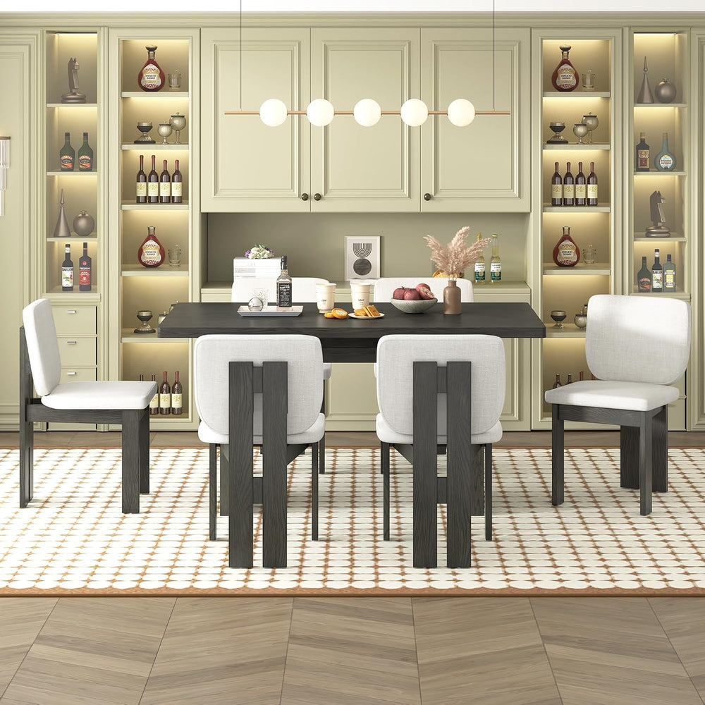 Merax Wood Dining Table Set for 6, Rectangular Tabletop/Upholstered Chairs/Re...
