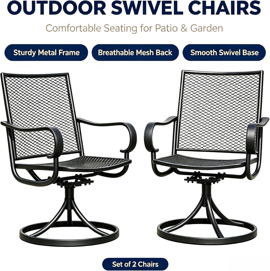 Outdoor 360° Swivel Rocking Chairs Set of 2, All Iron Mesh Patio Rocker Chairs, Electroplated Anti-Rust Heavy Duty Metal Swivel Dining Chairs with Curved Armrest for Porch, Deck, Backyard, Garden
