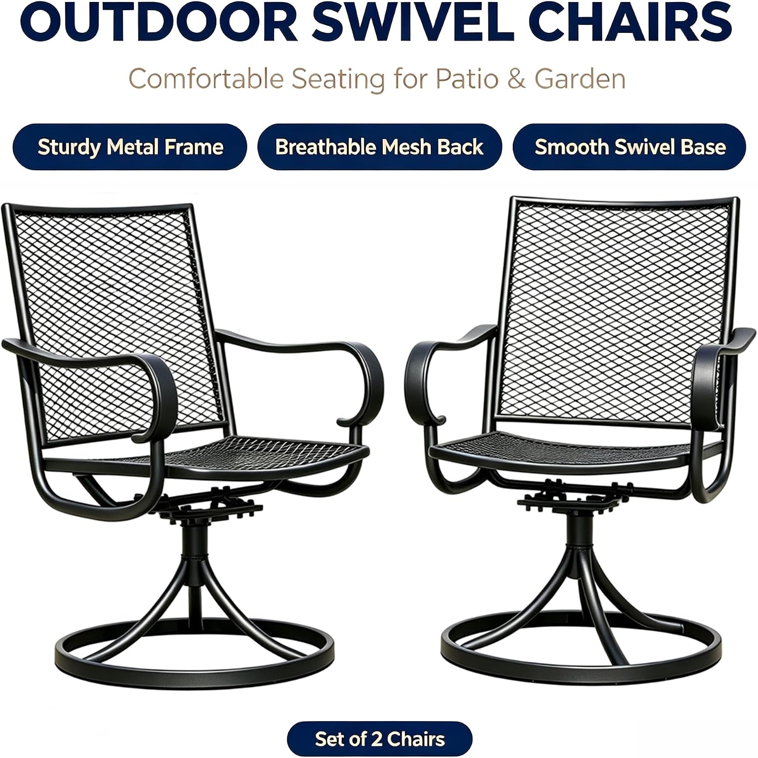 Outdoor 360° Swivel Rocking Chairs Set of 2, All Iron Mesh Patio Rocker Chairs, Electroplated Anti-Rust Heavy Duty Metal Swivel Dining Chairs with Curved Armrest for Porch, Deck, Backyard, Garden