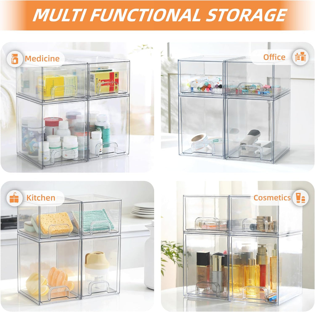 Baby Bottle Organizer, 4 Pack Bottle Storage Organizer Baby with Labels, Clear Stackable Storage Drawers for Bottles, Nipples, Pump Parts, Bottle Station Organizers for Countertop and Cabinet