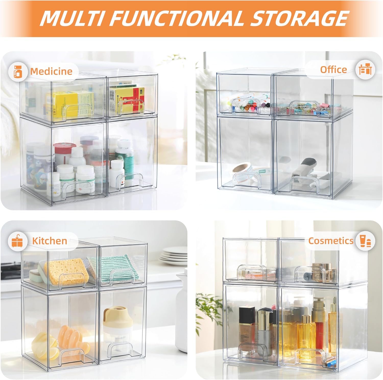 Baby Bottle Organizer, 4 Pack Bottle Storage Organizer Baby with Labels, Clear Stackable Storage Drawers for Bottles, Nipples, Pump Parts, Bottle Station Organizers for Countertop and Cabinet