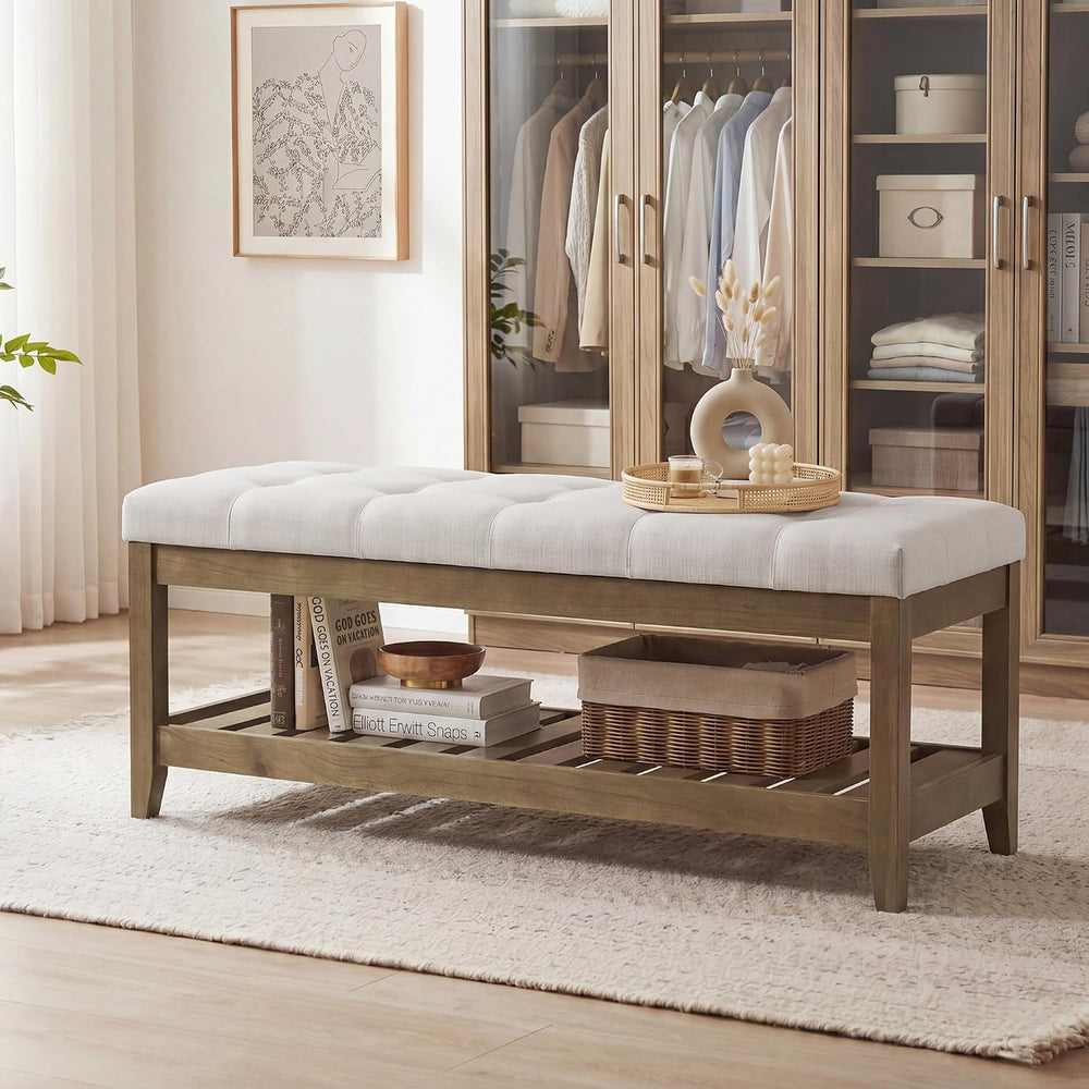 SONGMICS Storage Ottoman with Solid Wood Frame, 42.9 x 15.7 x 17.7 Inches | U...