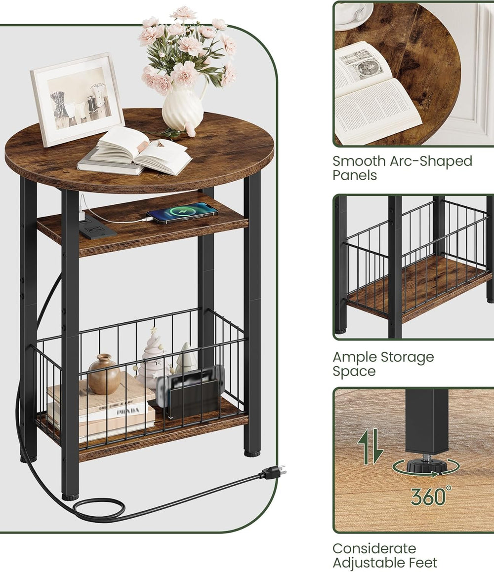 Folding Side Table with Charging Station, 3-Tier Narrow End Couch Table with ...