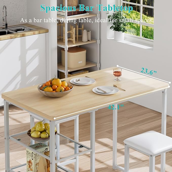 VECELO Small Bar Table and Chairs Set for 2, Upholstered Stools & Glass Storage Shelves, for Kitchen Dining Breakfast Nook, Space-Saving, Natural & White