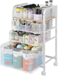 4-Tier Rolling Utility Cart with 3 Drawers - White Craft Organizers and Storage with DIY Dividers, Under Desk Art Supply Storage Organizer with 360° Lockable Wheels for Brushes Artifacts Small Parts