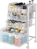 4-Tier Rolling Utility Cart with 3 Drawers - White Craft Organizers and Storage with DIY Dividers, Under Desk Art Supply Storage Organizer with 360° Lockable Wheels for Brushes Artifacts Small Parts