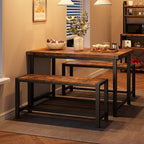 Dining Table Set for 4 with 2 Benches, 3-Piece Kitchen Table Set, Space-Saving Dining Set for Kitchen, Dining Room, Brown