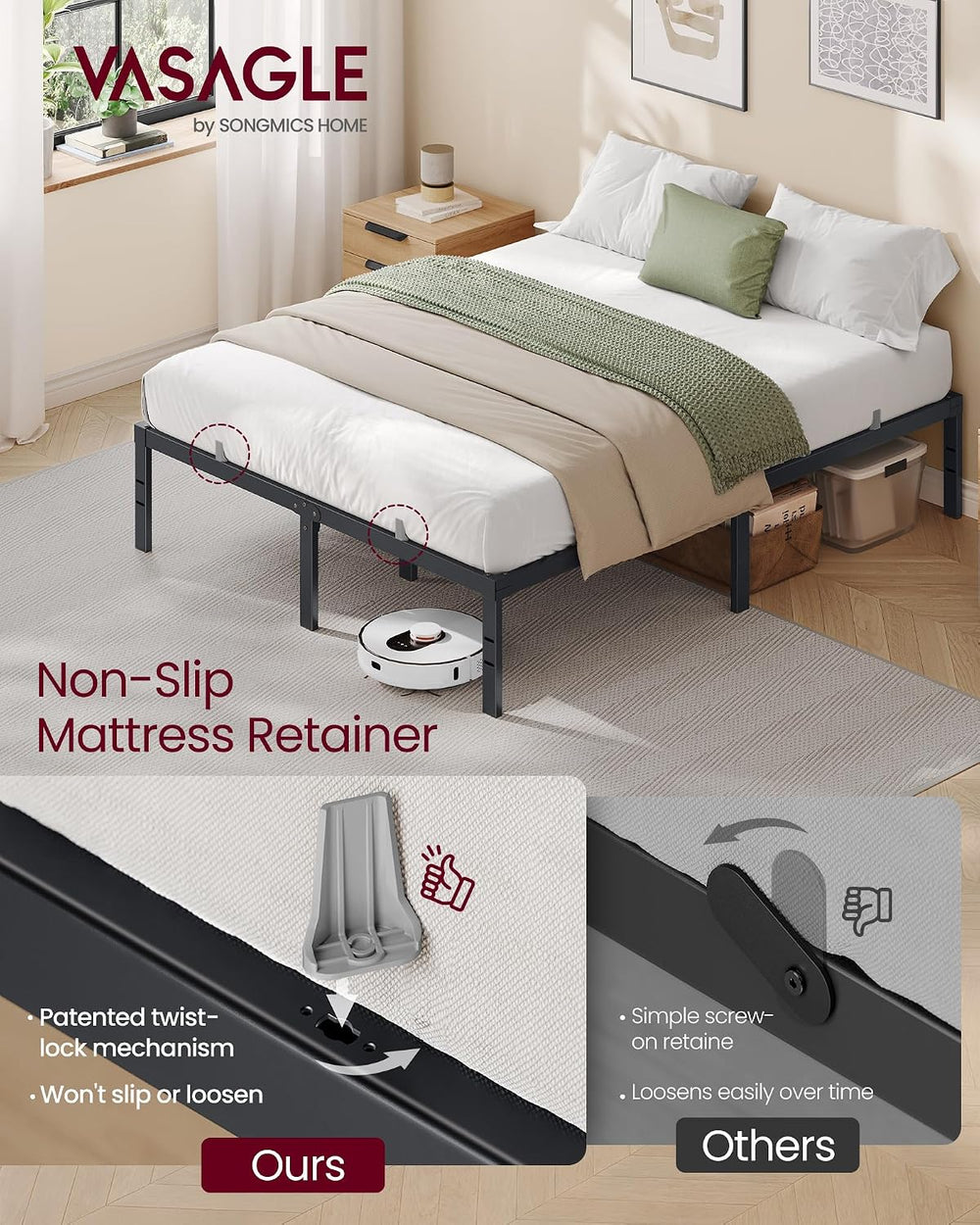 VASAGLE Queen Metal Bed Frame 14 Inches Tall, 1100 lb Weight Capacity