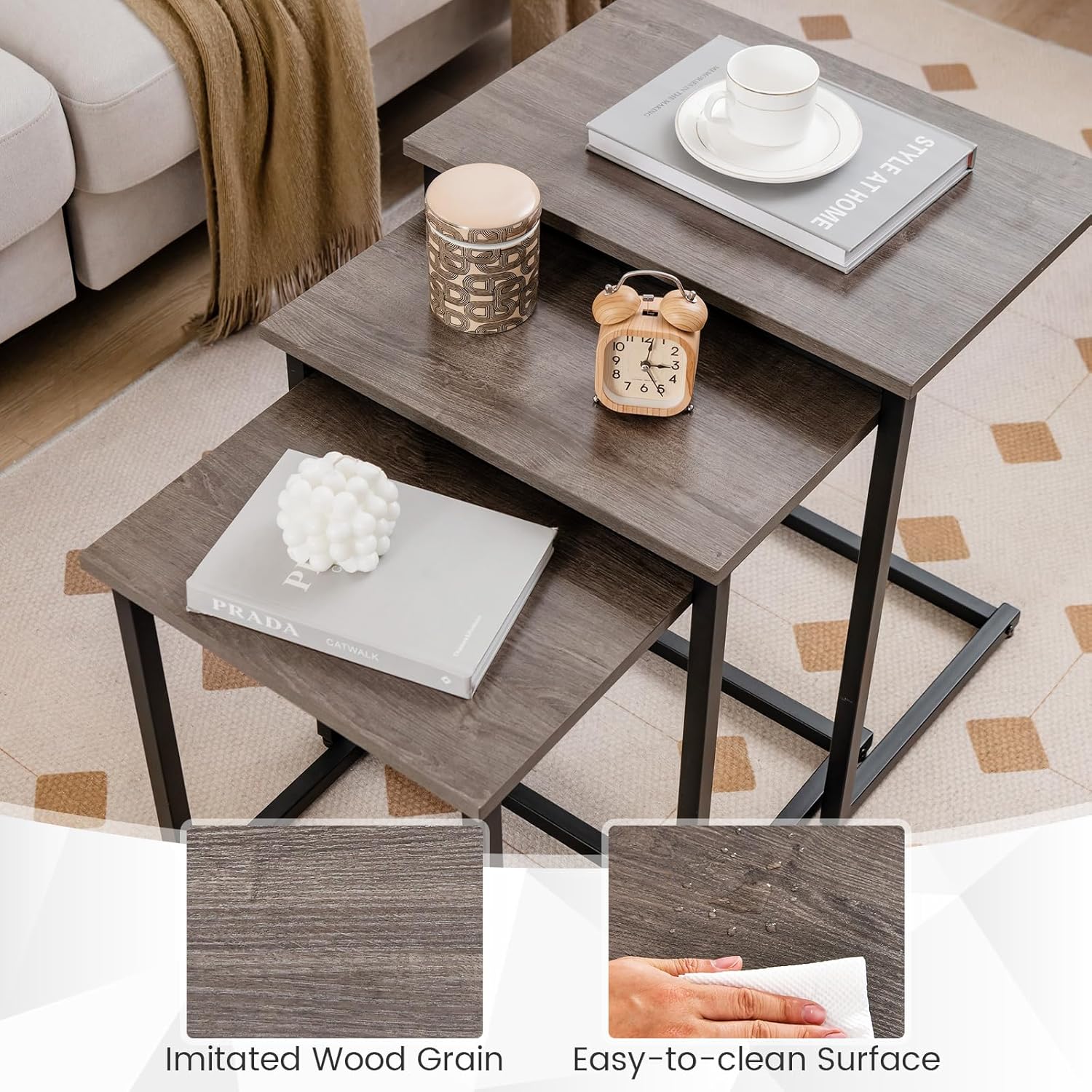 Tangkula Nesting Table Set of 3, Rectangle Stacking Side End Table w/Wood Top & Metal Legs, Adjustable Foot Pads, C-Shaped Accent Coffee Tables for Small Spaces, Living Room (C-Shaped, Gray, 3-pc)