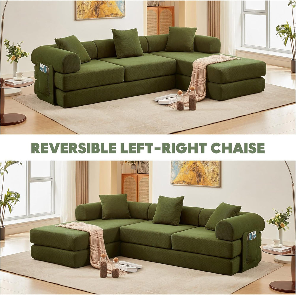 L Shaped Modular Sofa Bed with Cylindrical Pillow & Reversible Chaise, Co...