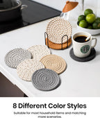 Effectyou 8 Pcs Drink Coasters with Holder, 8 Colors Absorbent Coasters for Drinks Minimalist Cup Coasters Cotton Coaster Set Woven Coasters for Coffee Table Home Decor Bar Housewarming Gift, 4.3 Inch
