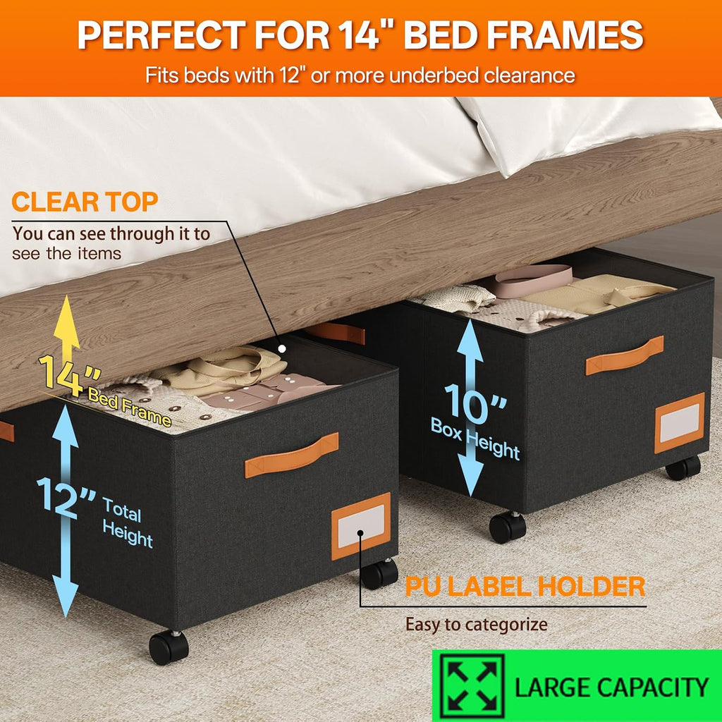 Under Bed Storage with Wheels, 12" Height Under Bed Storage Extra Deep Under Bed Storage Containers, Perfect for 14'' Bed Frame, No Assemble Metal Rolling Underbed Storage for Clothes Shoes Blankets
