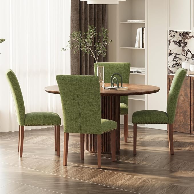 Stylish Dining Chairs Set of 4, Upholstered Parsons Dining Room Chair with Nailhead Trim, Kitchen Room Chair with Thick Cushions and Wood Legs, Nailhead Trim, Green