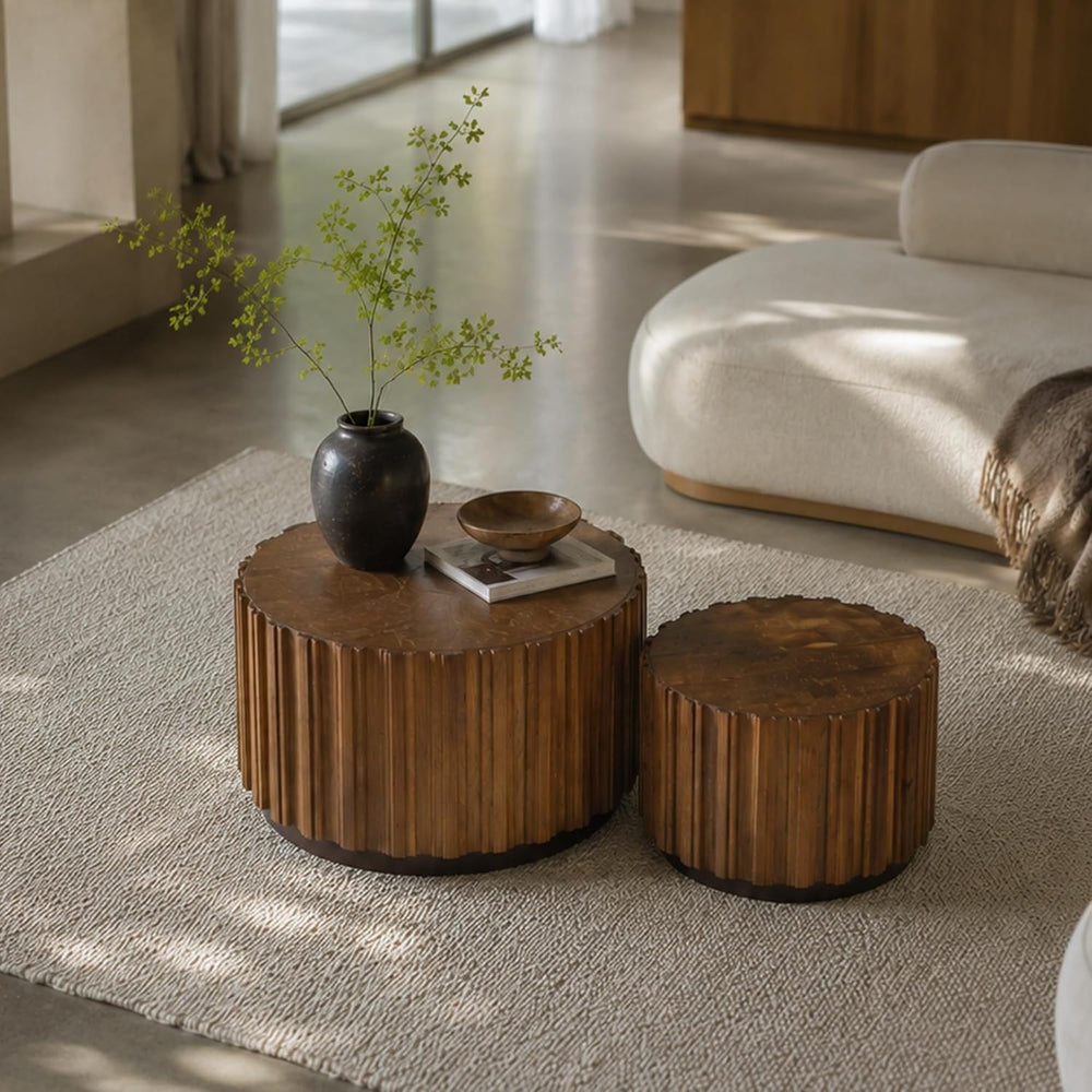 SSLine Fluted Round Nesting Coffee Table Set of 2, Mid-Century Wooden Drum Co...